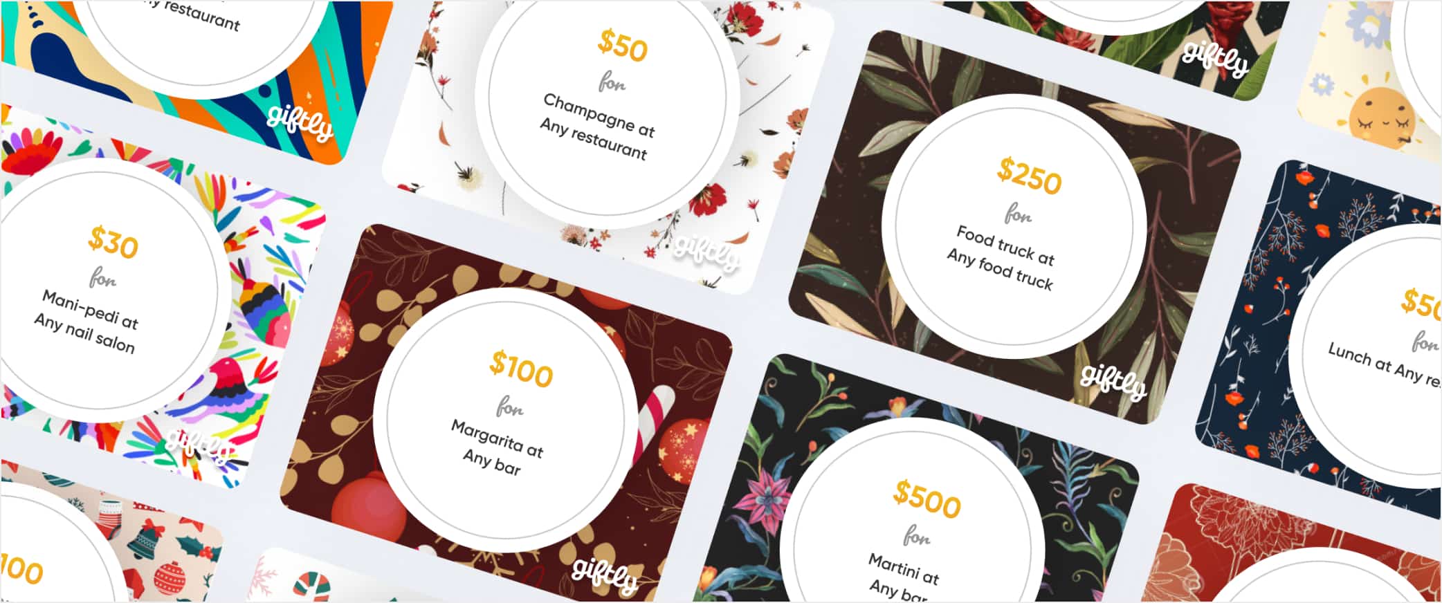 A grid of Giftly gift card designs, shown at an angle