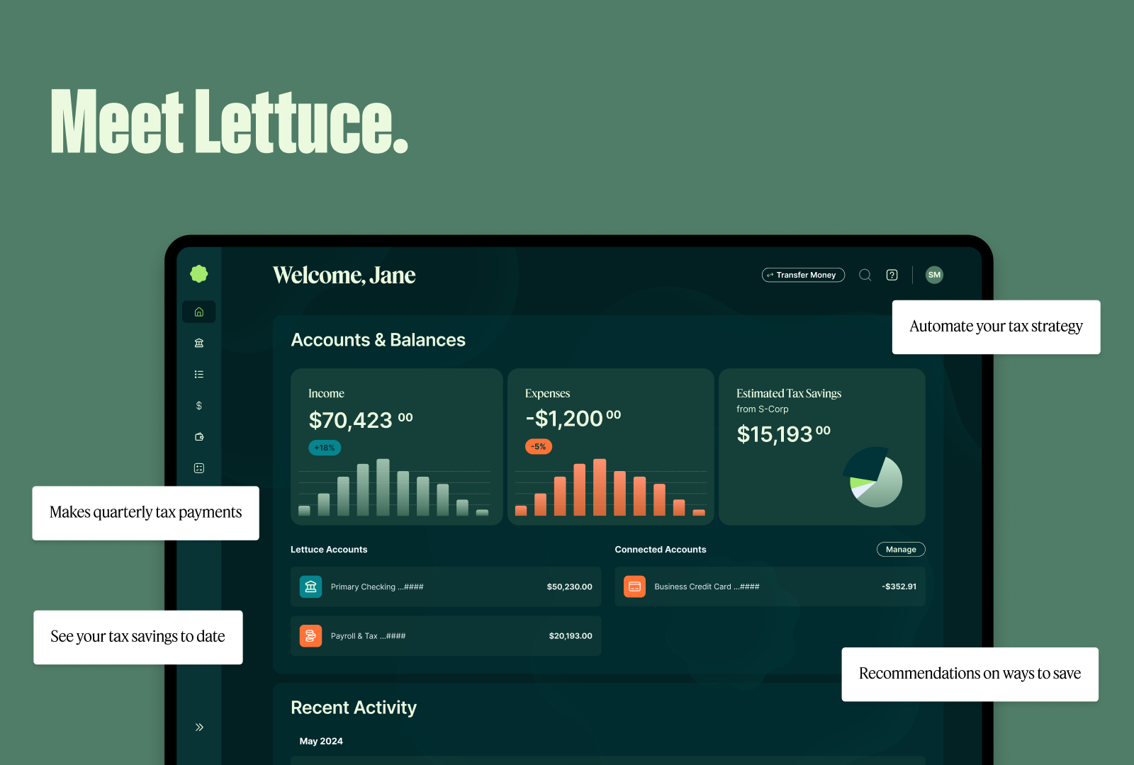 Lettuce dashboard home screen showing income, expenses and estimated tax savings