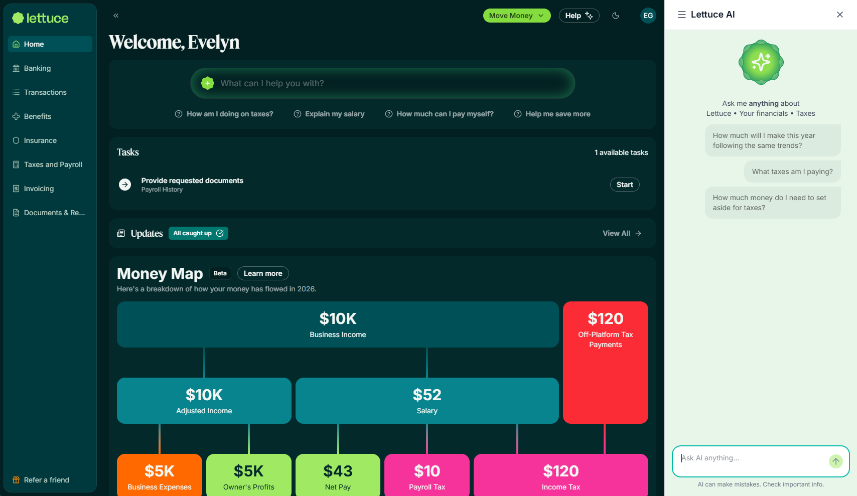 Lettuce home screen with the AI assistant open in a sidebar, suggesting questions about income, taxes and how much to set aside, next to the Money Map breakdown