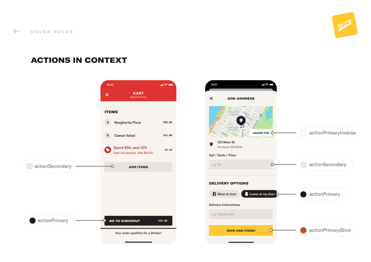Slice color roles for actions, mapping semantic tokens like actionPrimary and actionSecondary onto cart and checkout screens