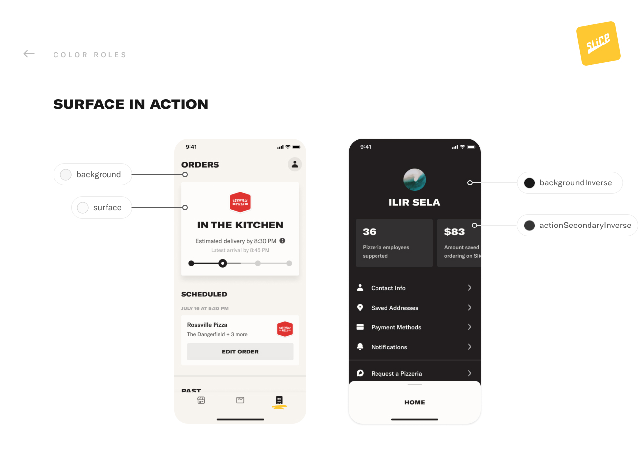 Slice color roles for background and surface applied to order and account screens
