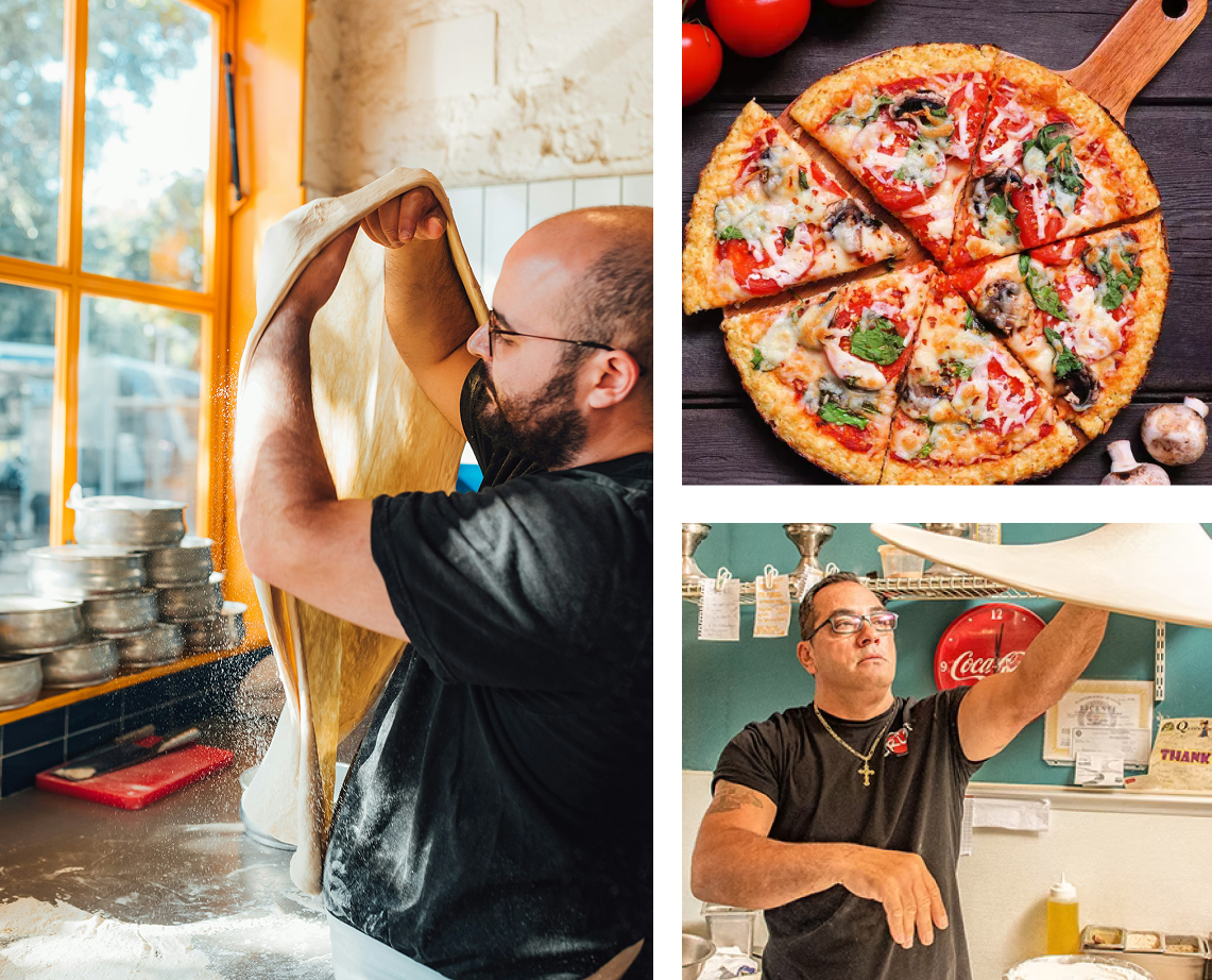 A collage of a pizzeria cook stretching dough, a sliced pizza on a wooden board, and a cook tossing dough in the kitchen