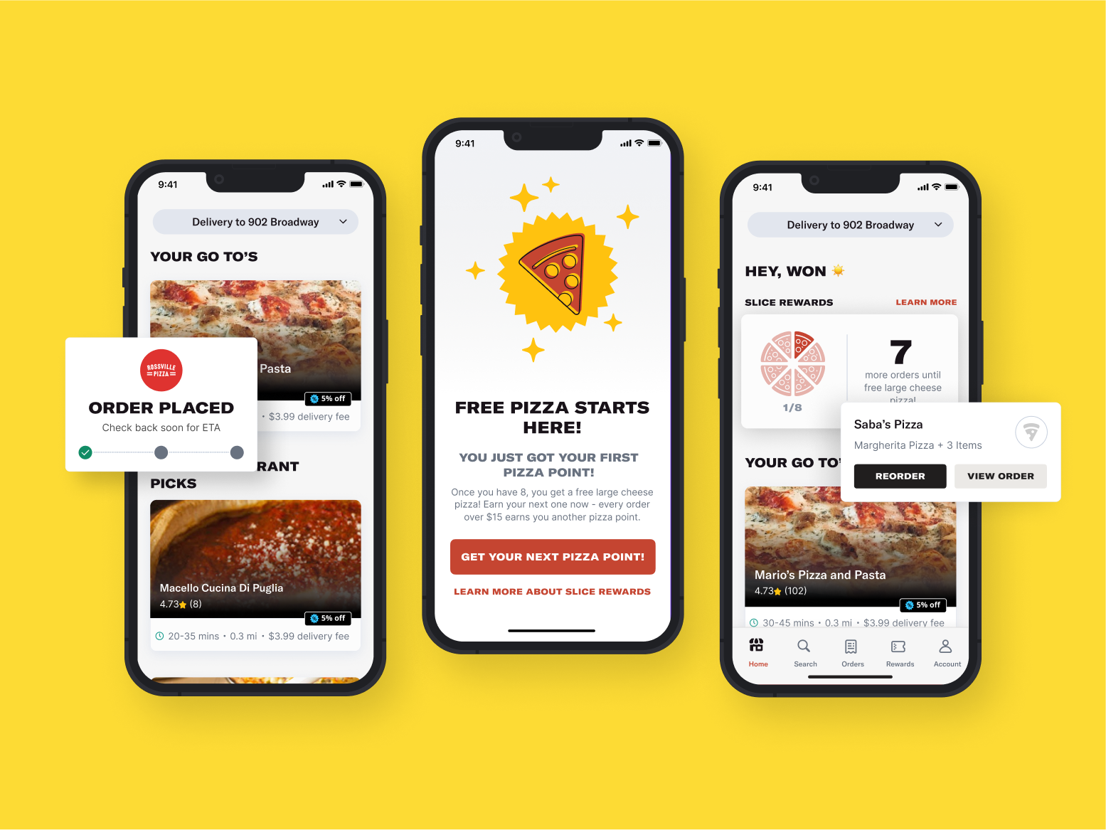 Slice mobile app showing an order confirmation, first pizza point earned, and rewards progress toward a free pizza
