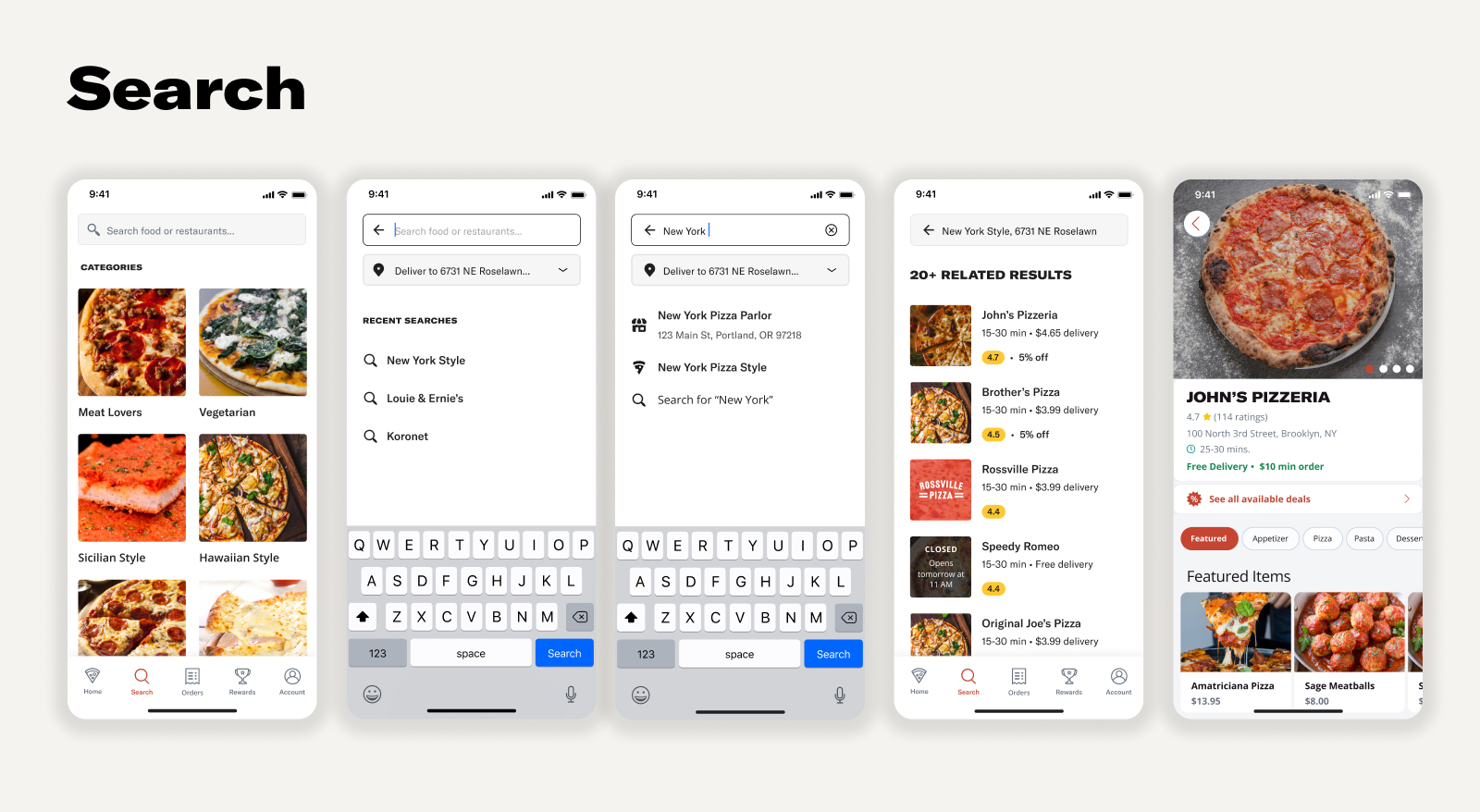 Slice mobile app search flow, from an empty search bar and recent searches to location-matched results and a restaurant's detail page