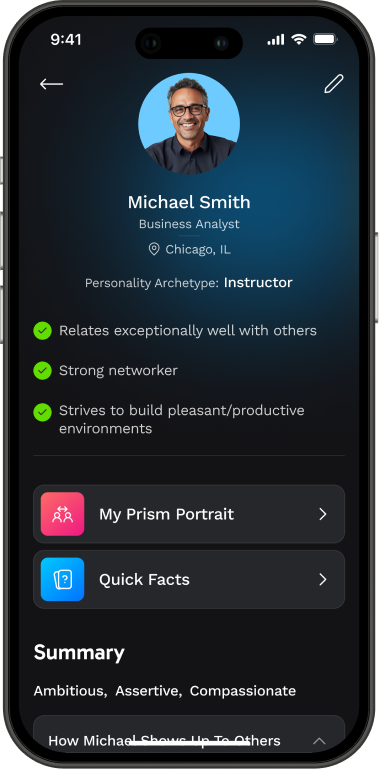 SurePeople mobile profile screen showing a coworker's Prism personality archetype and summary